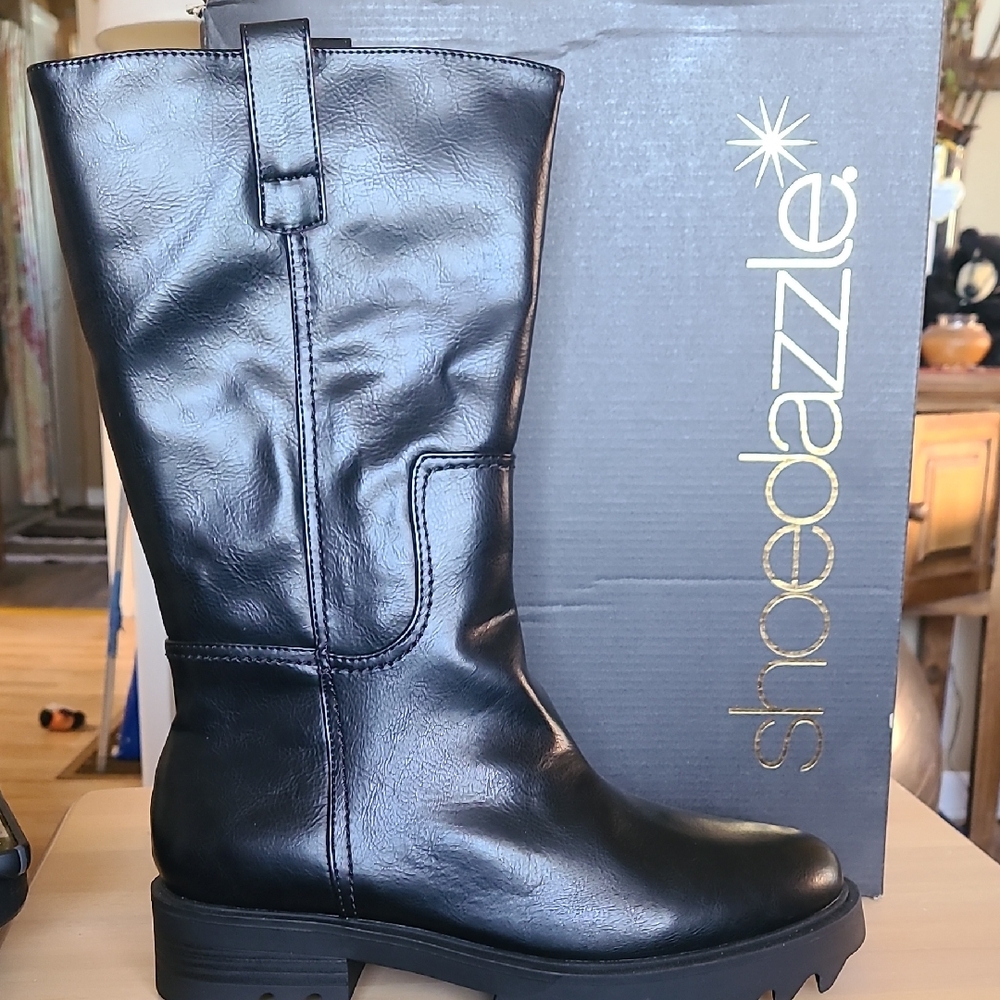 Shoe Dazzle Glossy Black Moto Boots